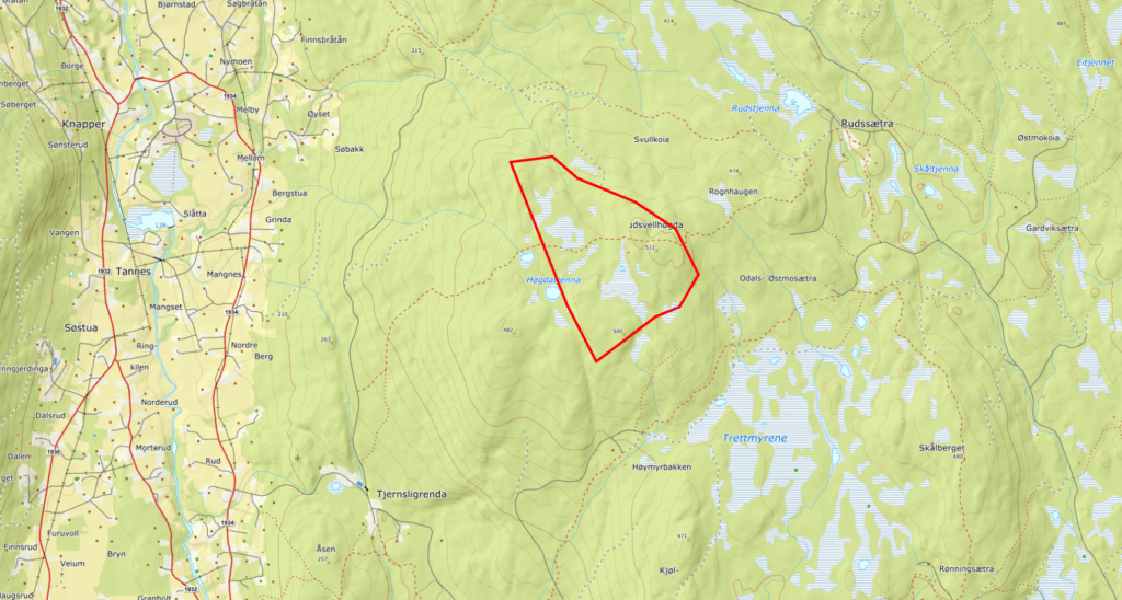 Alternativ 1. Tiltaksområdet har 2 alternativer til planavgrensning. Planavgrensning ved varsel om oppstart vil justeres slik at den også inneholder mulig trase for adkomstvei.
